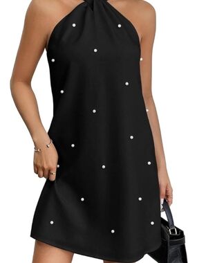 HYZ Pearl Beaded Halter Twist Sleeveless Tie Back A Line Dress NAVY BLUE